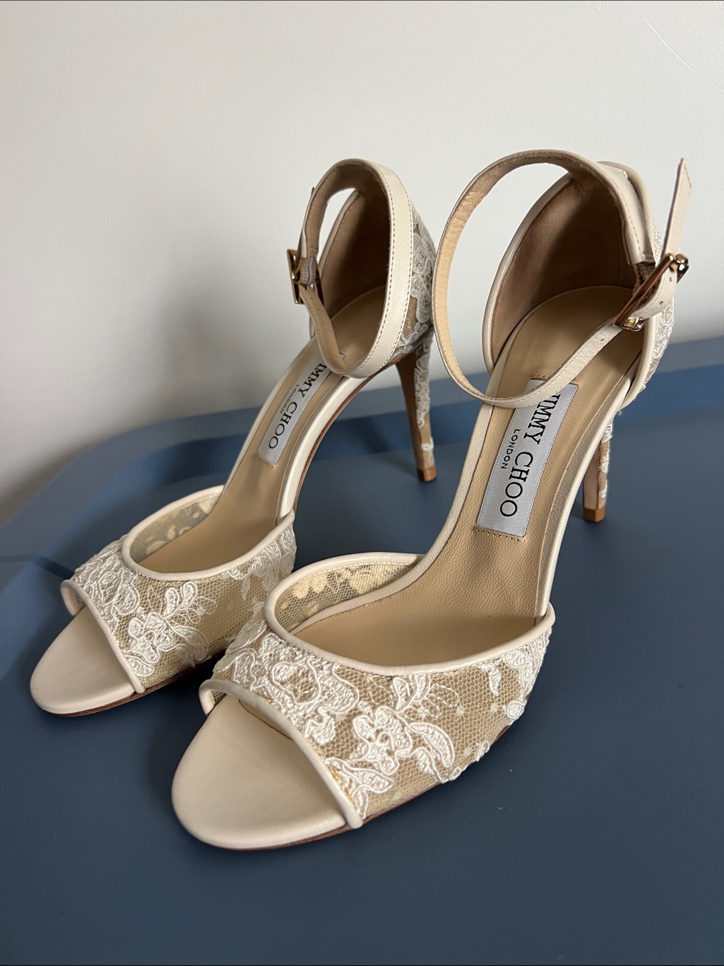 Jimmy Choo Annie 85 Cream Beige Open Toe Buckle Heels Sandals Lace Mesh 37